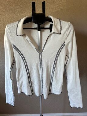 Pilcro White Long-Sleeve Polo Top with Black Contrast Stitching